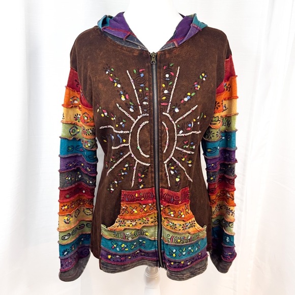 Rising International Tops - Rising International Hoodie Womens S Brown Patchwork Embroidered Boho Nepal EUC